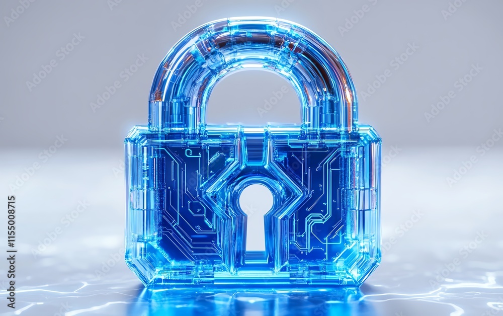 Aufkleber futuristic digital padlock icon with blue circuitry lines, minimal design, and white background, sym