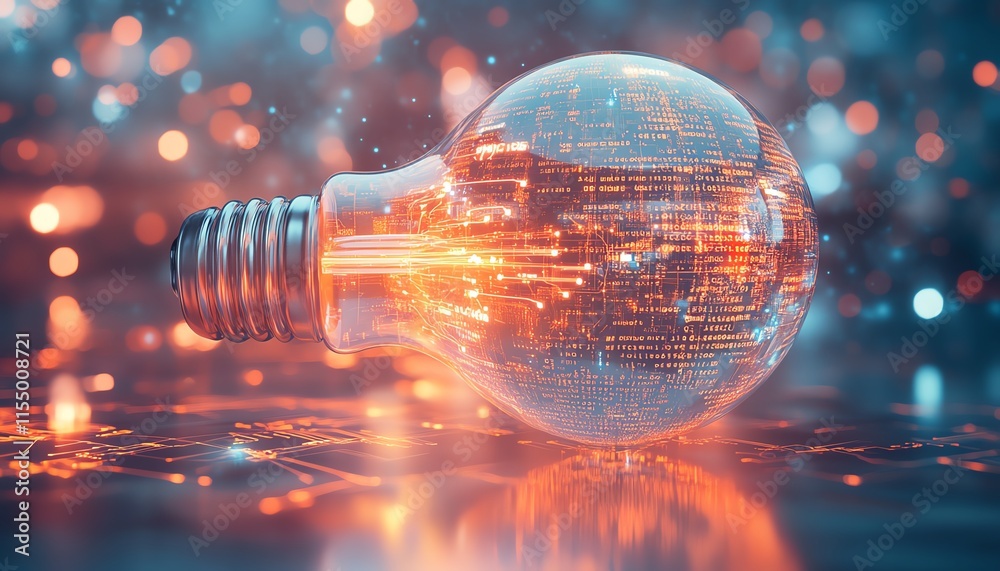 Poster Futuristic digital lightbulb with abstract circuit patterns, binary code, and glowing light trails on a white background, symbolizing new ideas, 3D rendering