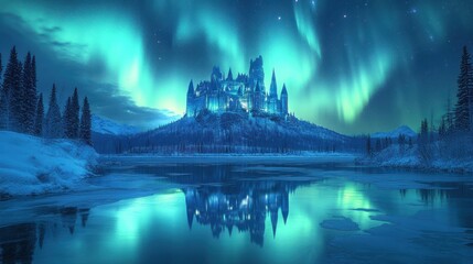 Naklejka premium A mystical castle illuminated by the northern lights, reflected in a serene, snowy landscape.