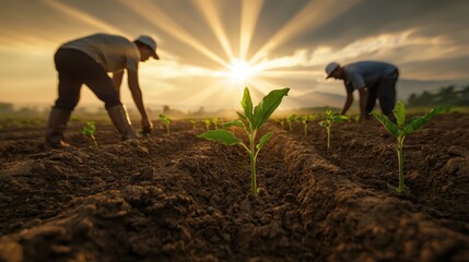Farmers planting crops in a sunlit field at dawn symbolizing teamwork and sustainable agriculture