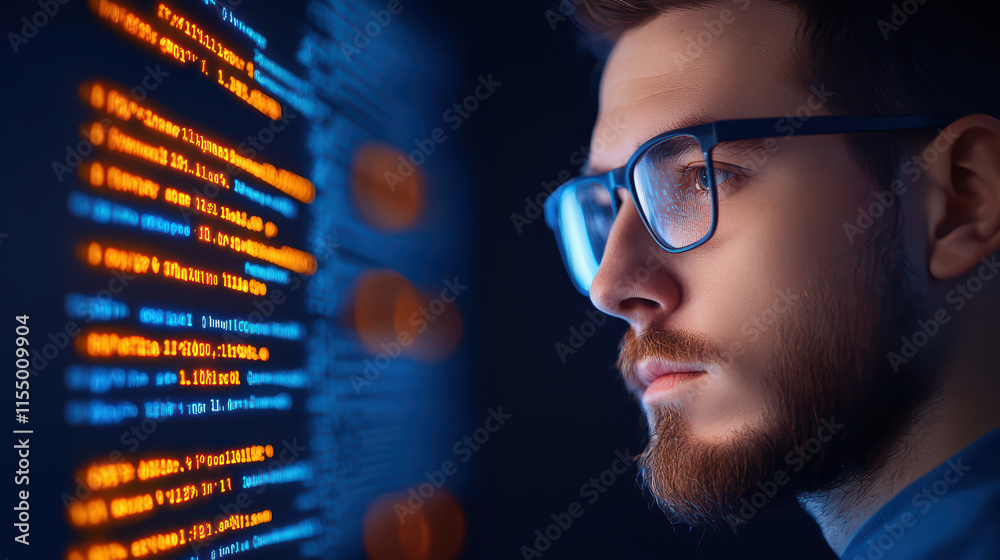 Poster focused programmer analyzing code on screen, showcasing concentration and skill