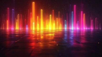 Abstract vibrant light bars on reflective surface.