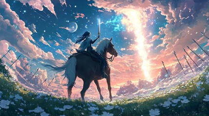 Beautiful anime-style girl knight with blue eyes praying to a sacred sword radiating white magic, riding a horse amidst a spear-wielding army in a stunning 2d fantasy scene