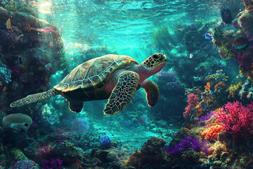 Obraz premium Sea turtles swimming, colorful corals