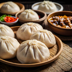 Fototapeta premium Bao - Traditional dish made from dough with steamed meat. Lunch, chinese food. Chinese steamed pork bun. National Bao Day