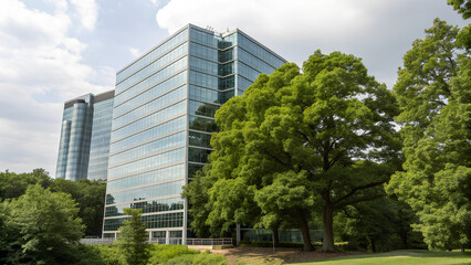 Obraz premium Modern Sustainable glass office building. Eco-friendly building with big trees. Sustainability concept
