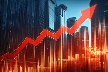 Closeup financial chart with uptrend line candlestick graph in stock market on blue color monitor background
