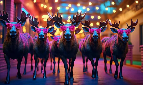 A group of moose wearing pink glasses walking in the colorful floor