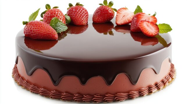 Delicious chocolate cake decorated with fresh strawberries and mint