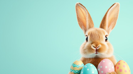 cute bunny holds colorful Easter eggs against soft blue background, evoking joy and celebration