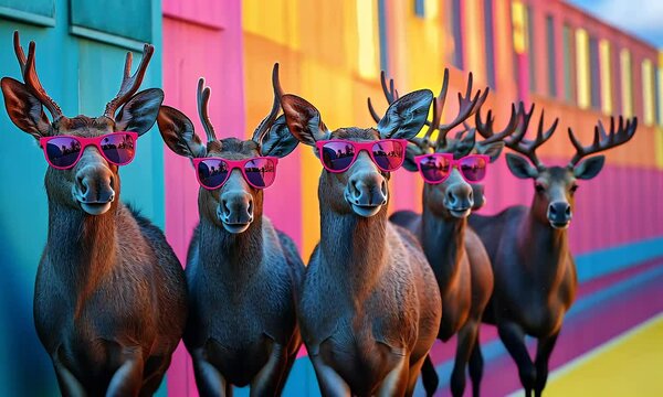 A group of moose wearing pink glasses walking in the colorful floor