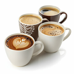 Obraz premium Steaming mugs of coffee with brown and white patterns on white background