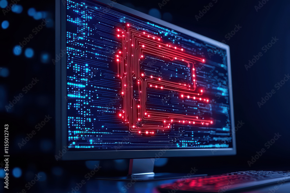 Poster close up of monitor displaying vibrant digital interface with glowing lines and patterns, showcasing