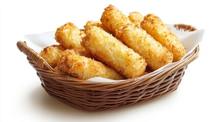 Crispy fried cheese sticks in a wicker basket.