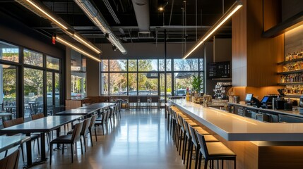 A sleek dining area with bar lights and linear LED fixtures highlighting the clean, minimalist design of the open-concept space