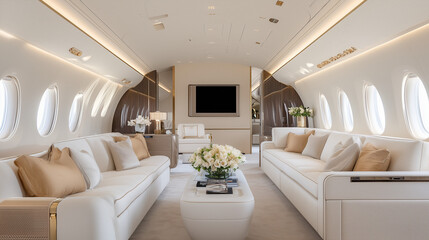 Private Jet Interior: A lavish and luxurious living space in the sky, designed for ultimate comfort and sophistication.  The interior features plush white sofas, gold accents, and a modern.