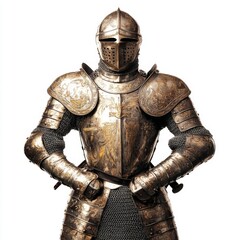 Medieval knight in full plate armor, isolated on white background.
