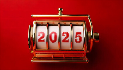 Golden Slot Machine Displaying the Arrival of the New Year 2025