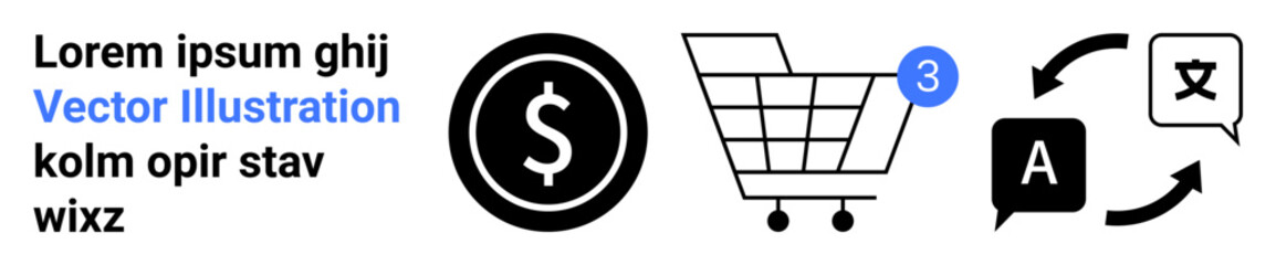 Shopping cart with 3 items notification, dollar sign in black circle, language translation symbols, sample text. Ideal for e-commerce, online shopping, translations, currency, retail, notifications