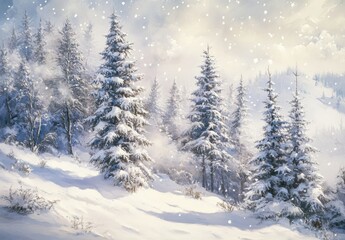 Fototapeta premium Serene Winter Landscape with Snow-Covered Pines and Gentle Falling Snowflakes in a Calm Forest Scene
