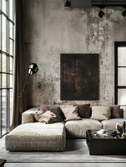 Modern living room interior design with sectional sofa and artwork