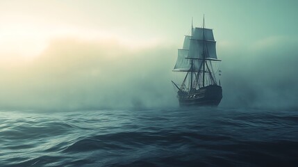 Fototapeta premium Sailing ship in fog, ocean adventure concept