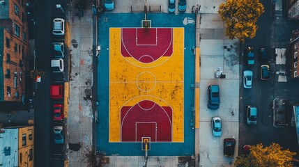Aerial view of an outdoor basketball court with vivid markings, surrounded by city streets and parked cars