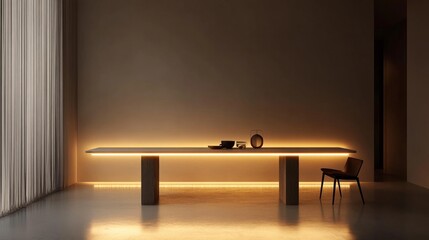 An elegant open-plan dining room with linear LED lighting highlighting a minimalist table and decor against neutral tones