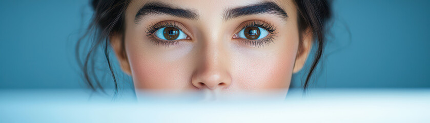 Obraz premium close up of woman with expressive eyes, focused on screen, showcasing engagement and curiosity
