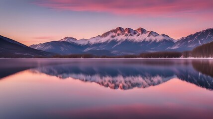 Fototapeta premium Serene Dawn Over a Reflective Lake and Distant Mountains