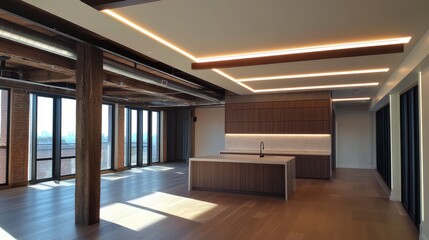 Fototapeta premium Linear recessed ceiling lighting in a spacious open-concept loft, creating a cohesive and modern atmosphere with clean lines