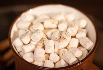 cup of christmas cocoa with marshmallows macro for christmas.