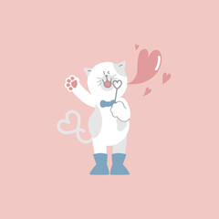 cute and lovely cat blowing heart shape bubble, happy valentines day, birthday, love concept, flat vector illustration cartoon character costume design