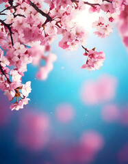 Beautiful Cherry Blossom Branch on a Teal Background