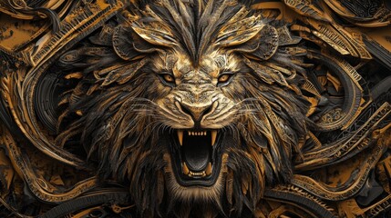 Roaring gold lion head, ornate, detailed 3D art.