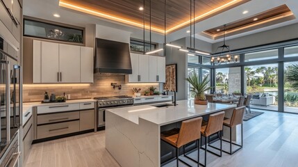 Modern kitchen with minimalist linear lighting fixtures under cabinets and along the ceiling, emphasizing clean lines and functionality