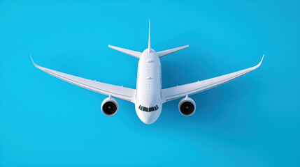 Obraz premium sleek airplane flying high against bright blue sky, showcasing its wings and engines