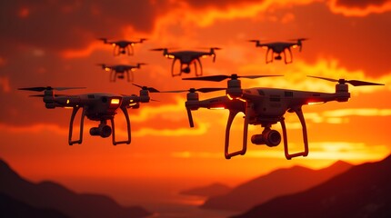 Majestic drones soar against a fiery sunset, painting the sky with breathtaking hues. A captivating aerial spectacle.