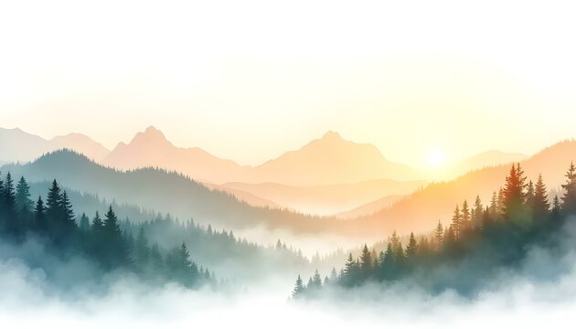 A peaceful watercolor artwork depicting a green mountain range with trees, reflecting a tranquil landscape