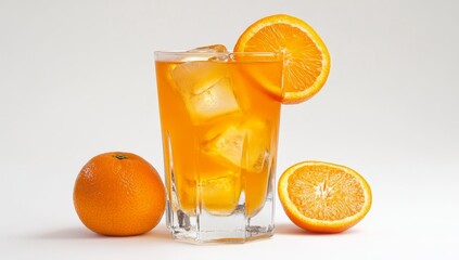 Iced orange juice drink in glass with orange slices and ice cubes.