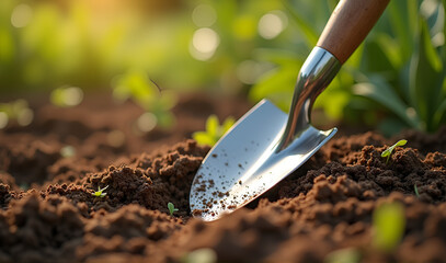 Shovel digging soil with seedlings growing, bright and cheerful garden preparation, copy space