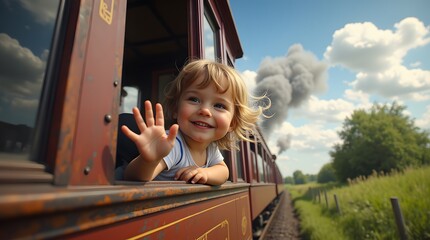 Joyful toddler waves from vintage train window, steam billowing behind; sunny day adventure!