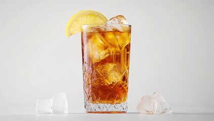 Iced tea in a tall glass with lemon and ice.