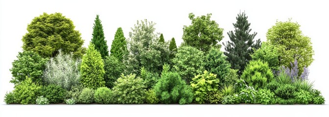 Lush green landscape with diverse trees and shrubs isolated on white background.