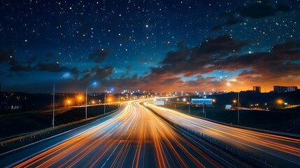 Obraz premium Night Highway with Starry Sky. Concept of travel, speed, and urban landscape.