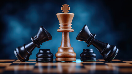close up of wooden king chess piece surrounded by black pawns, symbolizing strategy and competition