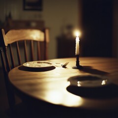 Obraz premium Flickering candlelight casts shadows over an empty dinner setting. Generative AI