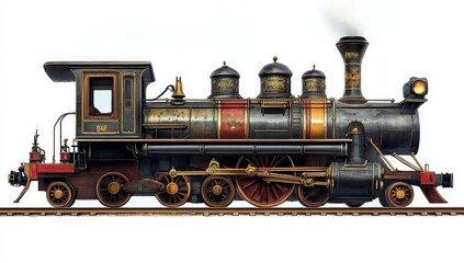 Obraz premium Antique steam locomotive train, side view, isolated on white.
