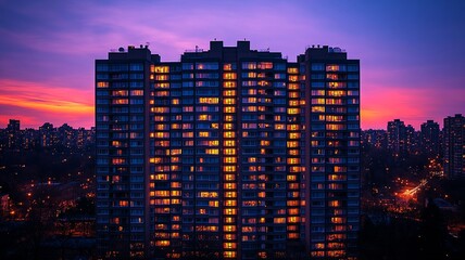 Modern apartment buildings illuminated at sunset