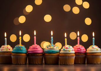 Vibrant Row of Colorful Cupcakes with Flickering Candles and Dreamy Bokeh Lights